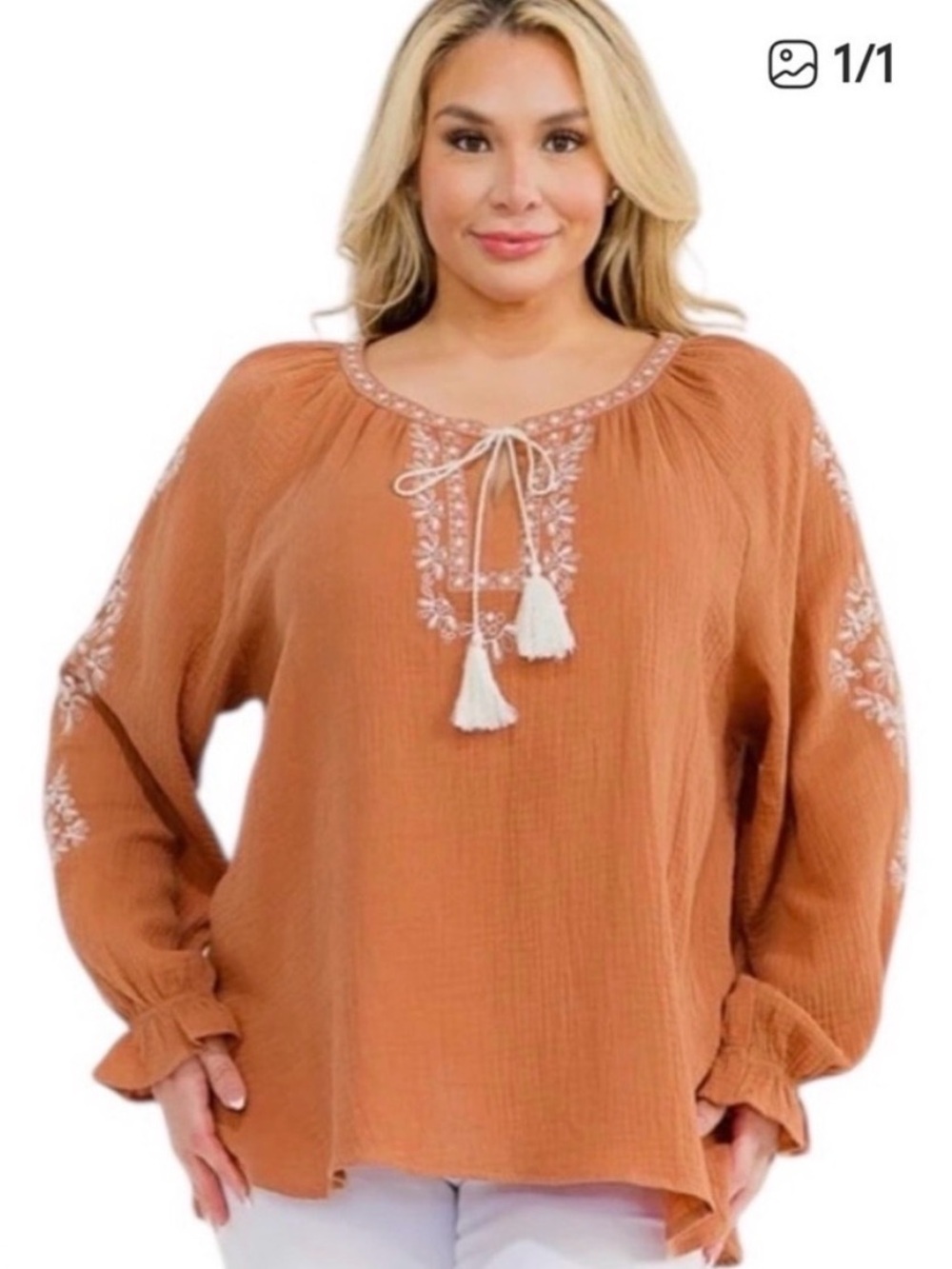 Easel Women's Tan Gauze Embroidered Tie Front Blouse
